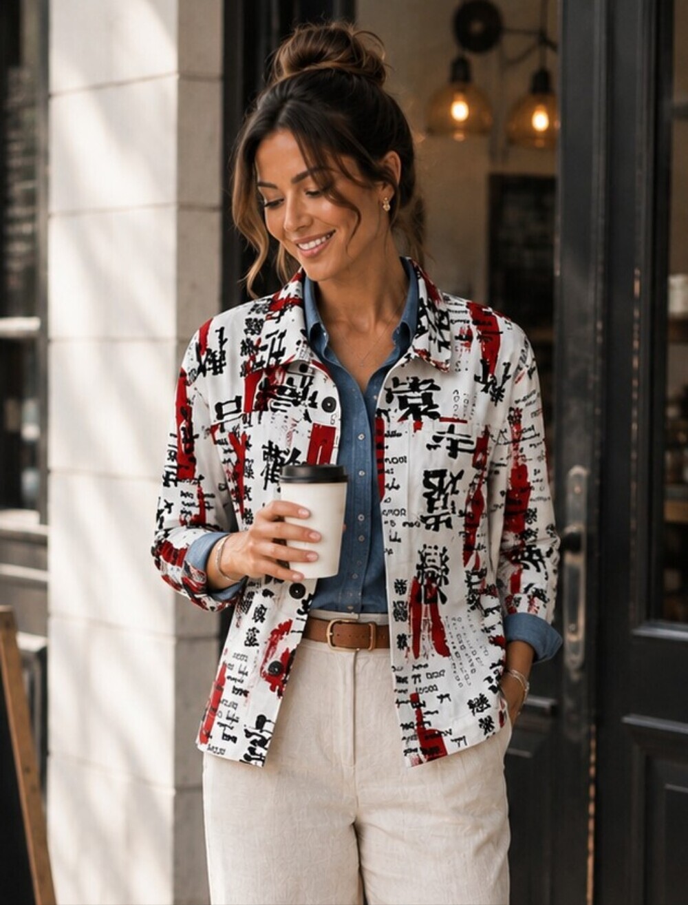 CHICO'S Vintage 1990s Design Kanji Asian Print Button-Up Jacket.